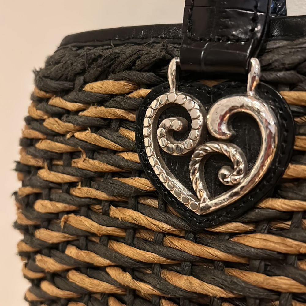 ✨ BRIGHTON ✨ Vintage Raffia Weave Straw Leather Trim Black/Brown Bucket Bag - Picture 6 of 16